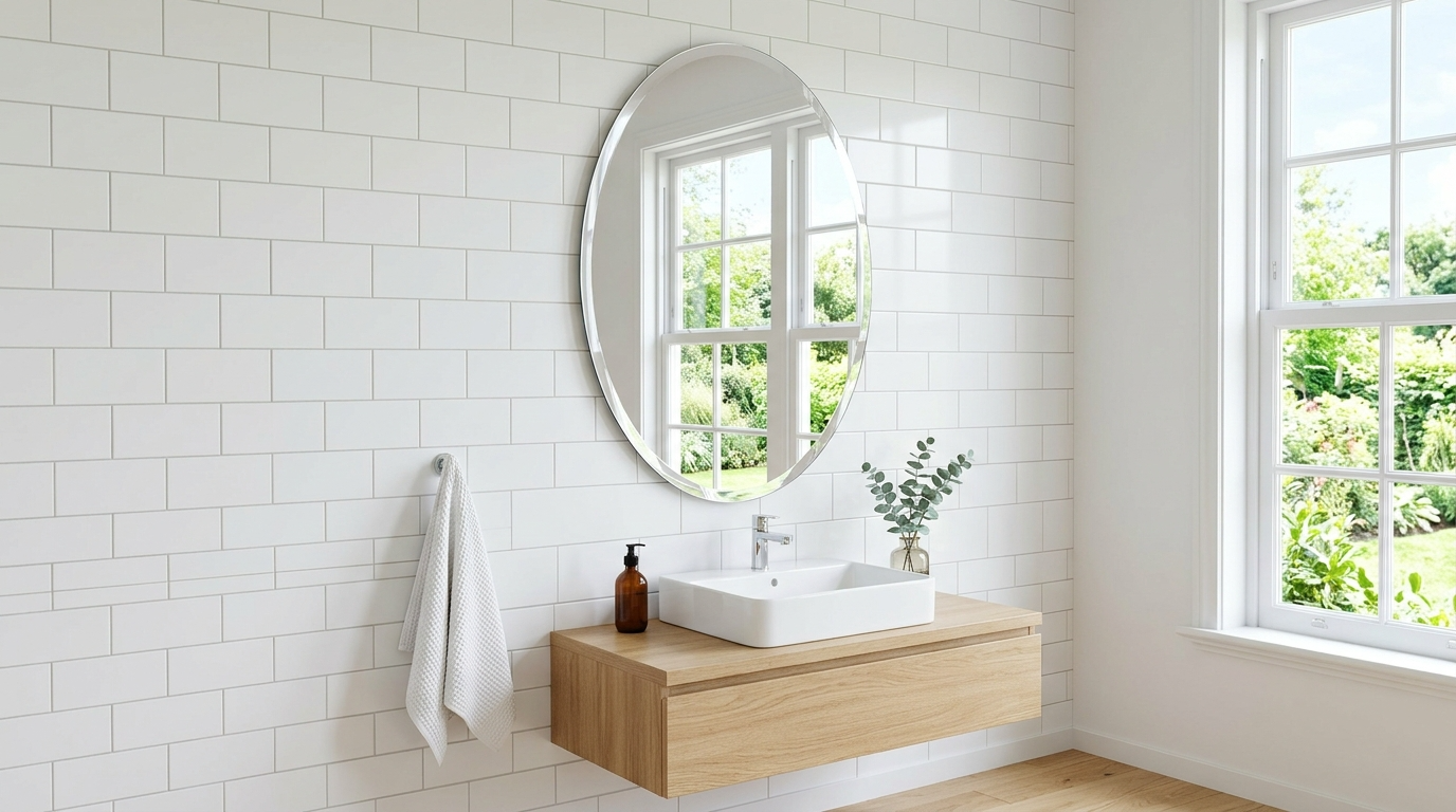 Use an oval mirror with a floating vanity